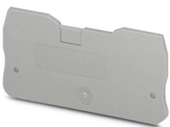 Embout en plastique gris pour montage sur rail DIN, de forme rectangulaire avec des angles arrondis et petite ouverture de fixation.