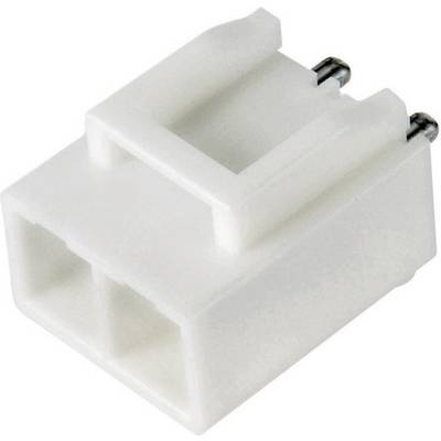 Une fiche bipolaire blanche en plastique avec des contacts métalliques, utilisée dans des applications électriques et électroniques pour établir une connexion.