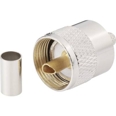 Un connecteur coaxial argenté à côté d'un cylindre métallique. Le connecteur montre le filetage intérieur et le contact central doré.