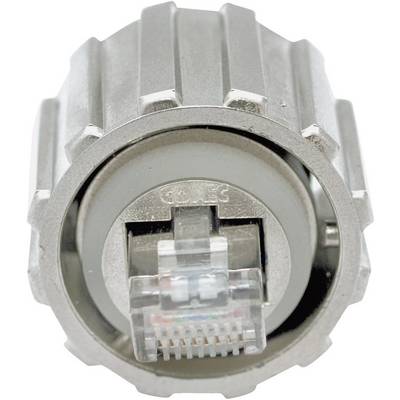 Connecteur métallique avec un raccordement réseau en plastique transparent (fiche Ethernet), adapté aux applications industrielles robustes.
