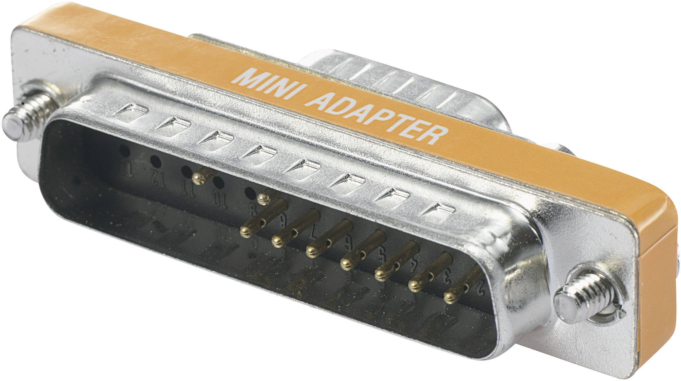 Un adaptateur mini orange avec des broches de contact métalliques et deux vis sur les côtés pour connecter des appareils électroniques.