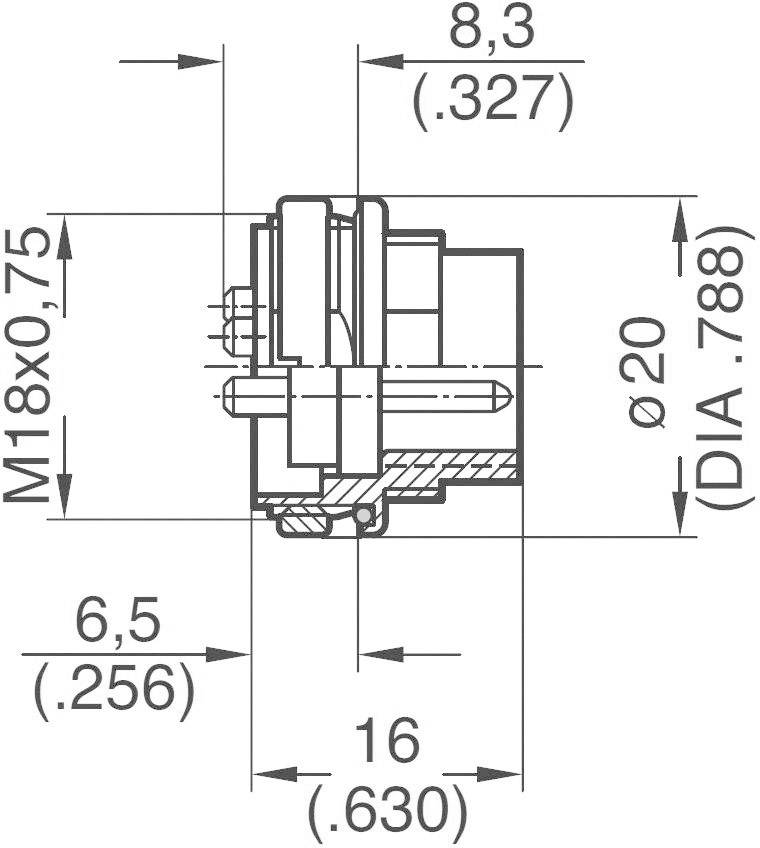 Dessin technique d'un composant avec cotes : diamètre 20 mm, filetage M18x0,75, longueurs : 8,3 mm, 6,5 mm, 16 mm.