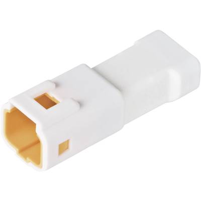 Prise femelle en plastique blanc rectangulaire avec insert jaune, ouverture de connexion latérale et coins arrondis.