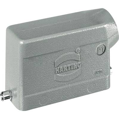 Boîtier électrique rectangulaire gris portant l'inscription 'Harting', flanqué de deux petits raccords à vis.