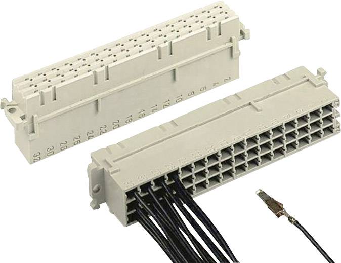 Deux fiches rectangulaires à plusieurs broches sont représentées, dont l'une est connectée à des câbles noirs.