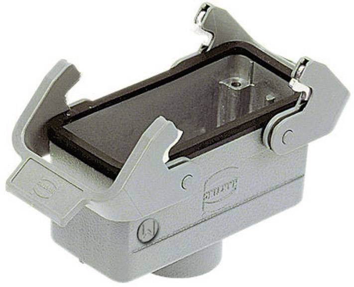Un boîtier industriel gris rectangulaire équipé de deux fermoirs métalliques rabattables. Il est conçu pour assurer la sécurité des connexions électriques.