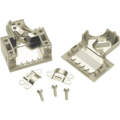 Attaches de câble métalliques et vis sur fond blanc, composées de deux attaches et de trois vis. Adaptées pour la fixation de câbles.