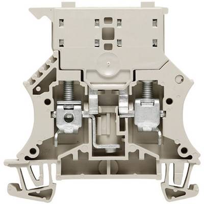 'Bloc de connexion beige avec deux bornes à vis et un design symétrique, utilisé pour le raccordement sécurisé des lignes électriques.'