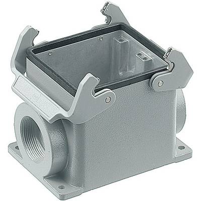 Boîtier industriel métallique avec ouverture rectangulaire et connexions latérales à vis, adapté aux applications électrotechniques.