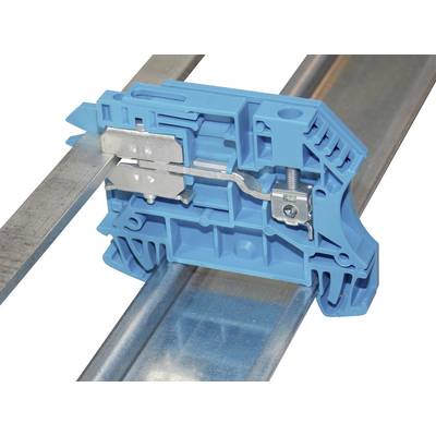 Connecteur électrique bleu fixé sur des rails métalliques. Utilisé pour le câblage électrique et les connexions de câbles sécurisées.