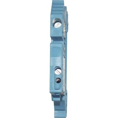 Un connecteur en plastique bleu, allongé, avec deux vis visibles, probablement un élément d'une installation électrique ou d'un projet de bricolage.