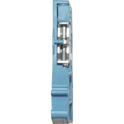 Gros plan d'une pince électrique bleue avec vue latérale des bornes métalliques et de la vis, visible grâce à sa structure ouverte.