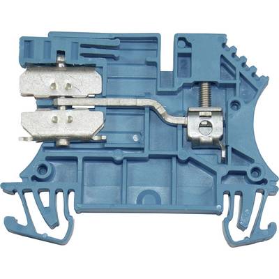 Un bloc de jonction électrique bleu, rectangulaire, avec des éléments métalliques servant à connecter des fils dans un circuit électrique ou électronique.