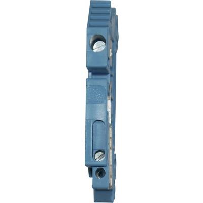 Bloc de bornes électrique bleu, vu de côté, avec des vis visibles pour la fixation et le câblage.
