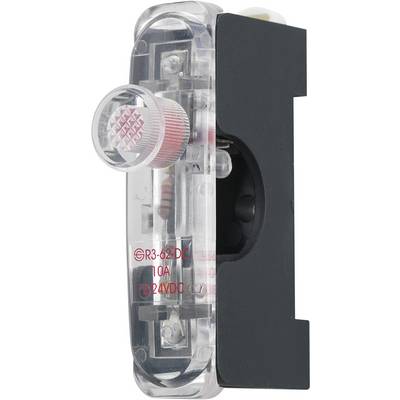 Bouton-poussoir électrique avec boîtier transparent et indicateur lumineux rouge. Étiqueté 'R3-62 DC 10A 12/24VDC'.