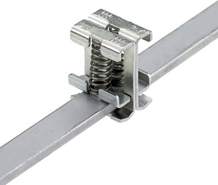 Agrafe métallique avec mécanisme à ressort, fixée sur une bande métallique plate. Utilisée pour sécuriser ou assembler des pièces métalliques.