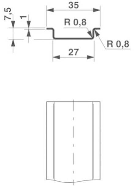 Dessin technique d'un profilé en tôle avec dimensions : largeur 35 mm, hauteur 7,5 mm, hauteur de pliage 1 mm, rayons 0,8 mm. Vue de dessus incluse.