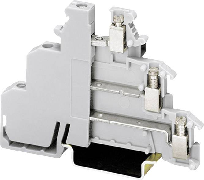 Module de bornes de série gris à deux pôles avec connexions à vis pour le câblage électrique, montable sur un rail DIN.