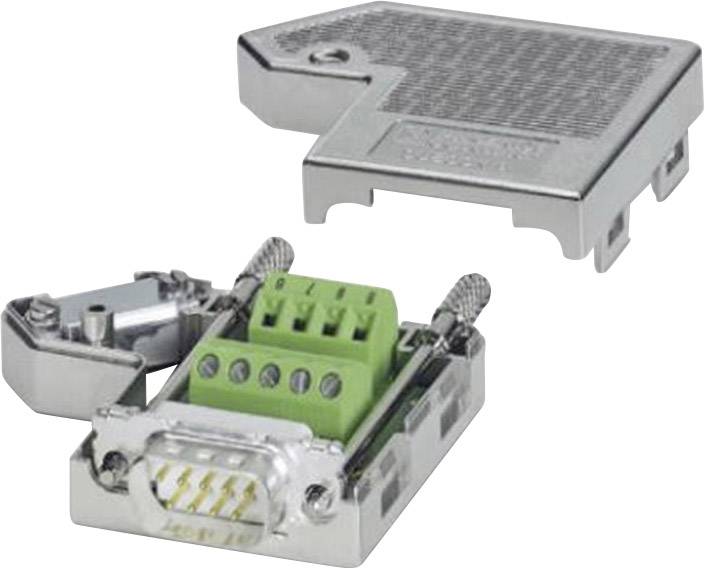 Un boîtier métallique ouvert avec un connecteur vert à bornes à vis, adapté pour le montage de connecteurs D-Sub.