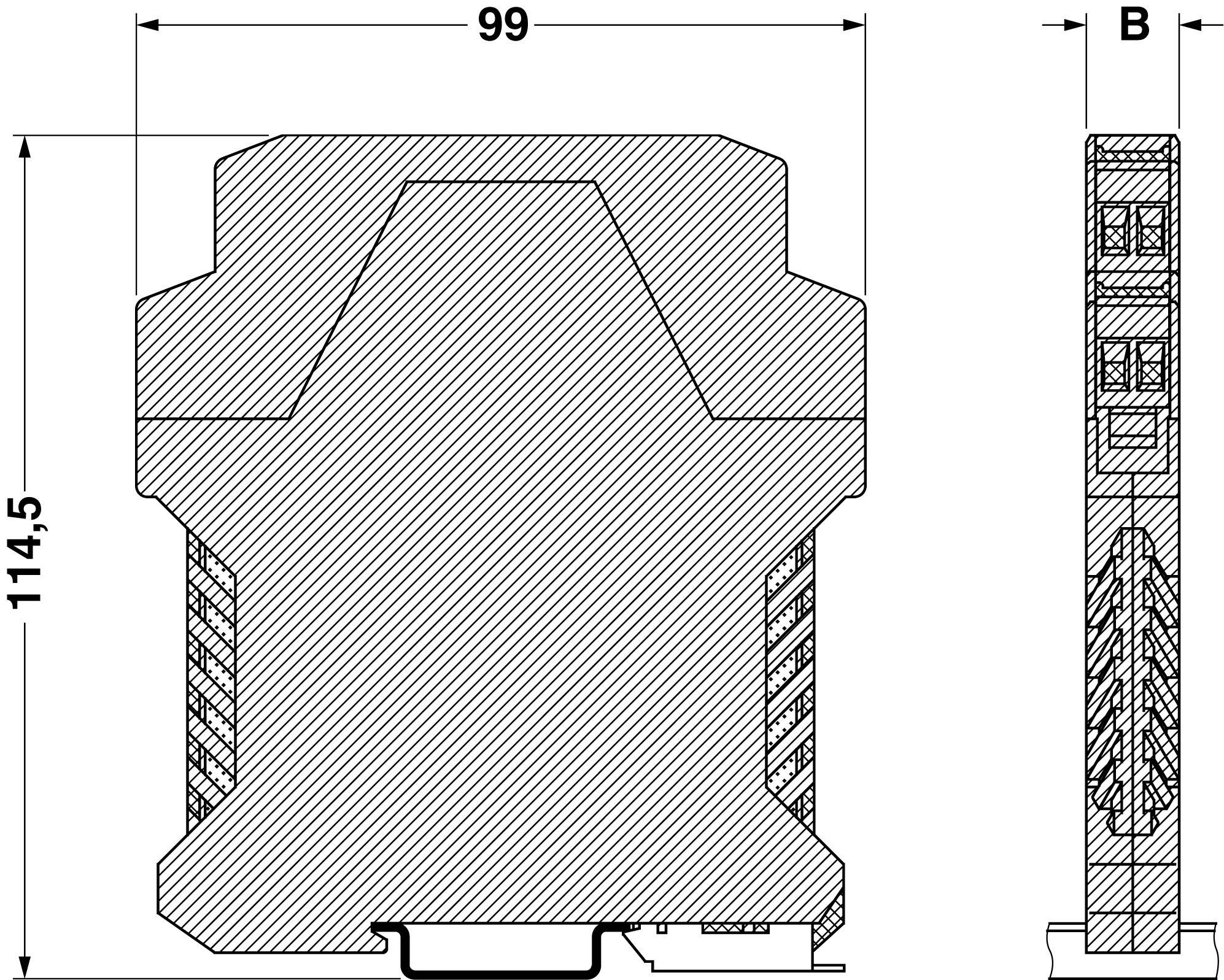 Dessin technique d'un composant rectangulaire avec les dimensions suivantes : 99 mm de largeur et 114,5 mm de hauteur ; la vue latérale révèle des structures internes.