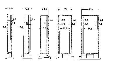 Dessin technique de cinq structures rectangulaires, chacune avec des hauteurs et des largeurs différentes. Les dimensions sont indiquées en centimètres.