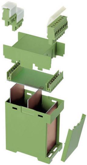 Vue éclatée d'un boîtier électronique vert avec des composants modulaires : base, couvercle et connexions pour le montage.
