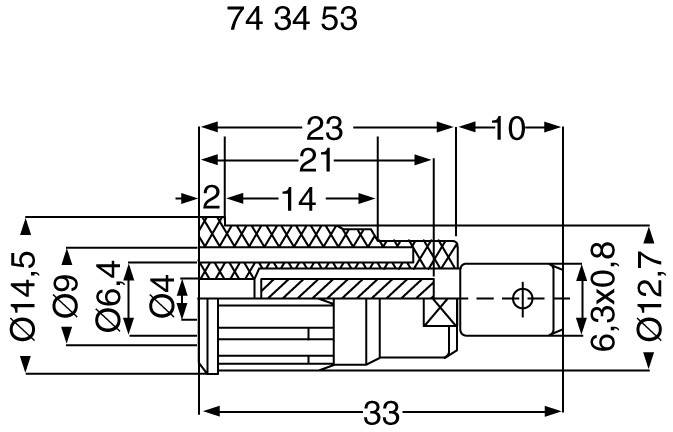 Dessin technique d'une fiche avec dimensions : longueur 33 mm, largeur maximale 14,5 mm. Coupes détaillées et diamètres.
