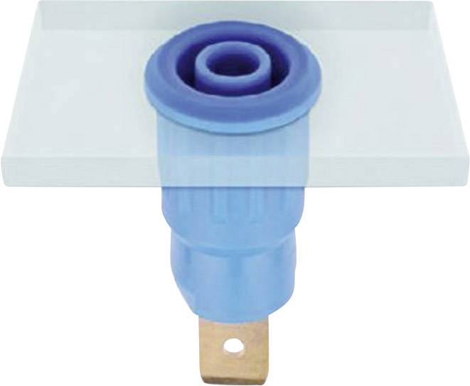 Un adaptateur de sécurité bleu avec un contact métallique, probablement utilisé à des fins électriques, sur un fond clair.