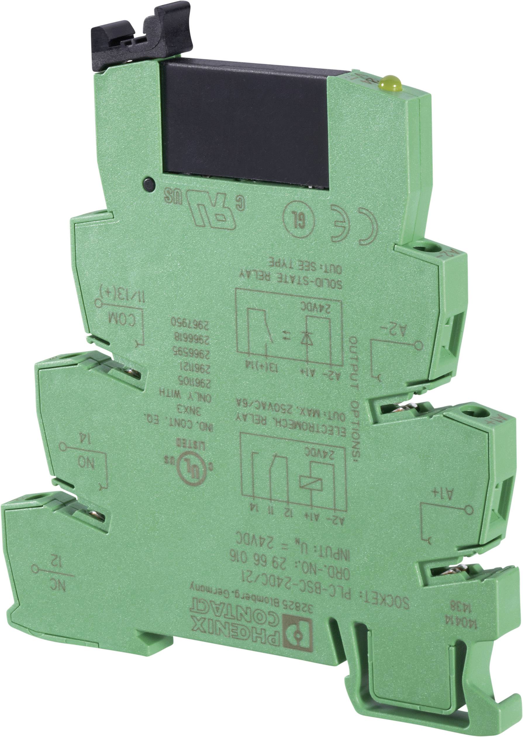 Un module de relais électronique vert avec plusieurs bornes, utilisé pour le contrôle de circuits électriques dans des applications industrielles.