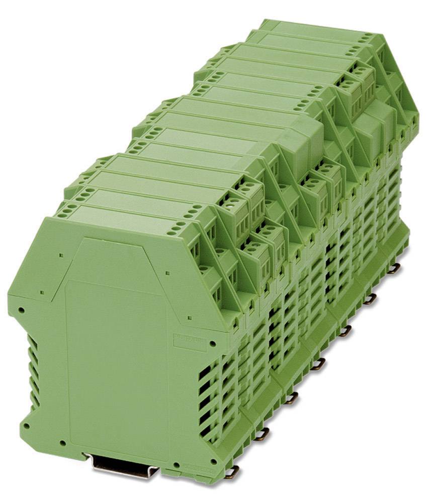 Module de relais électronique vert multicanal pour montage sur rail DIN, utilisé dans les systèmes de commande électriques.