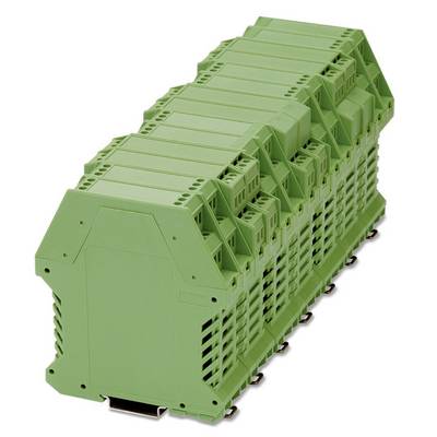 Module de relais électronique vert multicanal pour montage sur rail DIN, utilisé dans les systèmes de commande électriques.