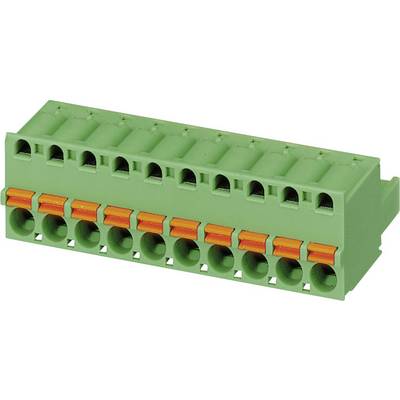Connecteur vert à 10 pôles avec mécanismes de verrouillage orange. Adapté pour les connexions électriques.