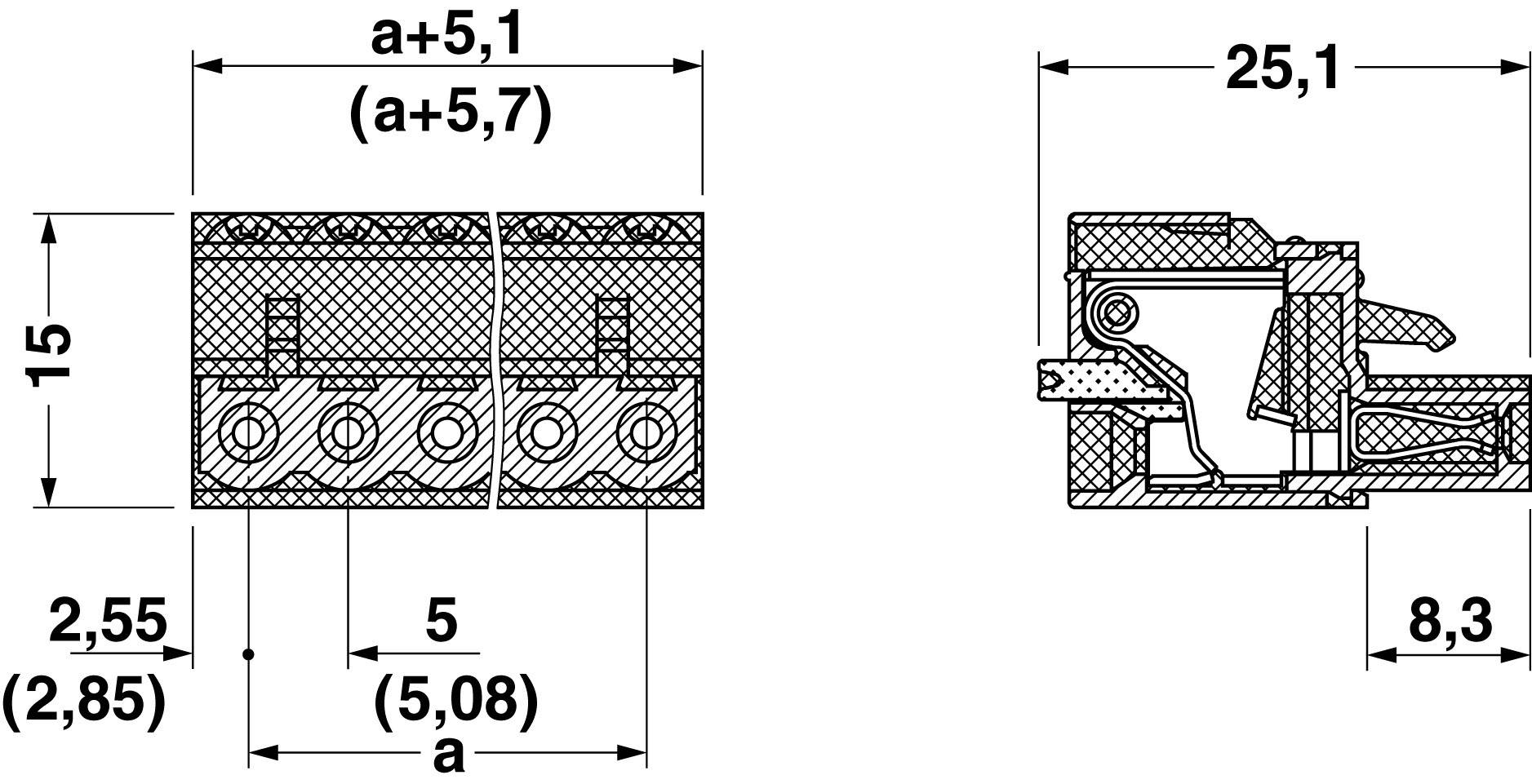 Dessin technique d'un connecteur en vue latérale et frontale avec cotations : largeur 5, hauteur 15, profondeur 8,3 mm.