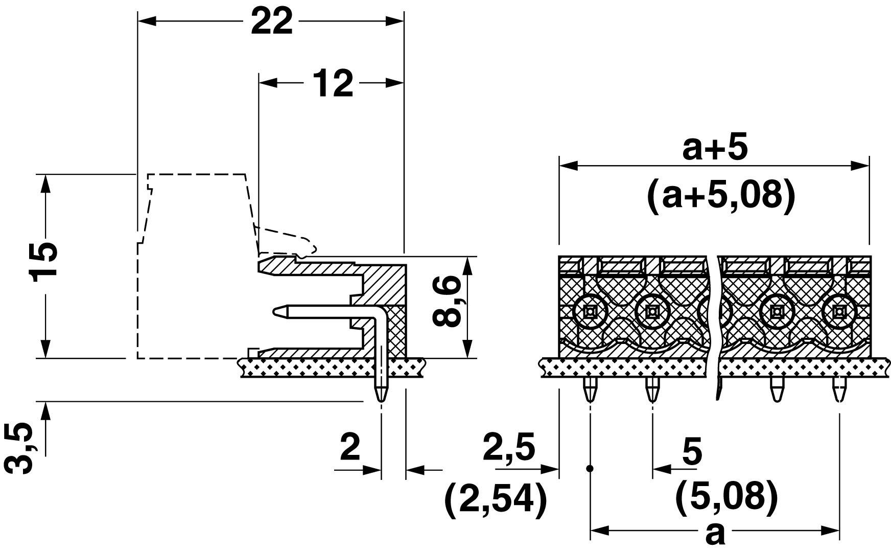 Dessin technique d'un connecteur avec dimensions en millimètres : hauteur 15, largeur 22, écart entre broches 2,5 et 5 (2,54 et 5,08).