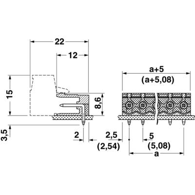 Dessin technique d'un connecteur avec dimensions en millimètres : hauteur 15, largeur 22, écart entre broches 2,5 et 5 (2,54 et 5,08).