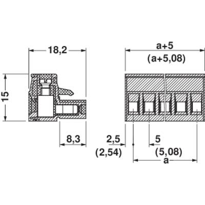 Dessin technique d'un connecteur avec dimensions : hauteur 15 mm, largeur 18,2 mm, vues en coupe détaillées latérales et indications dimensionnelles.