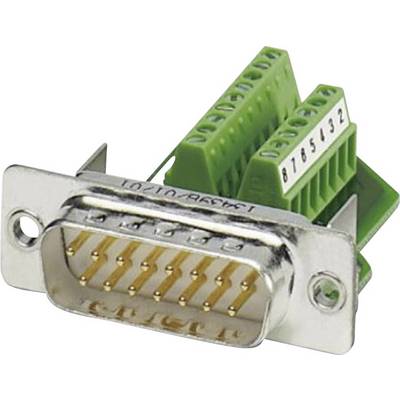 Adaptateur de fiche avec connexion métallique et boîtier en plastique vert, comprenant des bornes à vis numérotées pour le câblage.