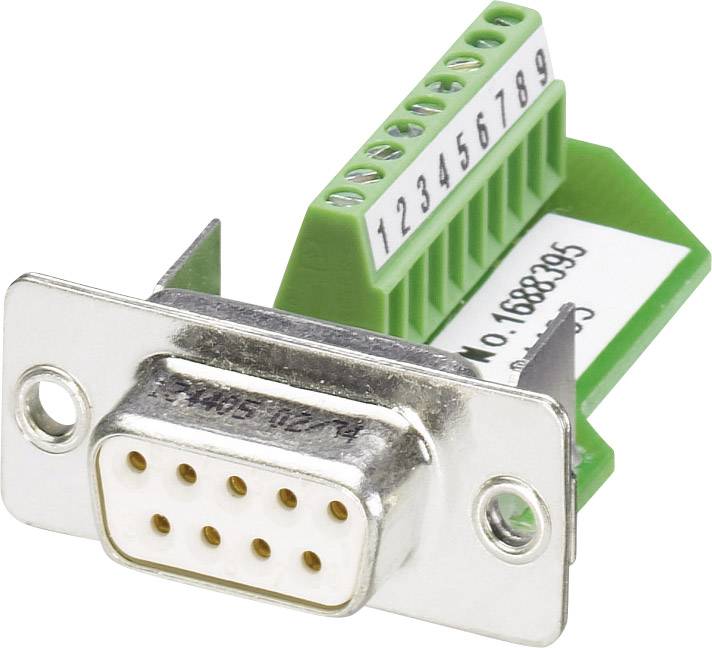 'Connecteur avec raccordement à 9 broches et bornes vertes numérotées, utilisé pour les interfaces séries dans les appareils électroniques.'