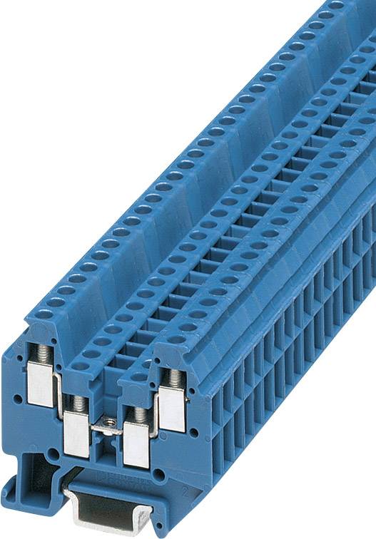 'Bloc de bornes à rangée bleue avec plusieurs emplacements de connexion électrique. Adapté pour le montage sur rails DIN dans les tableaux électriques.'