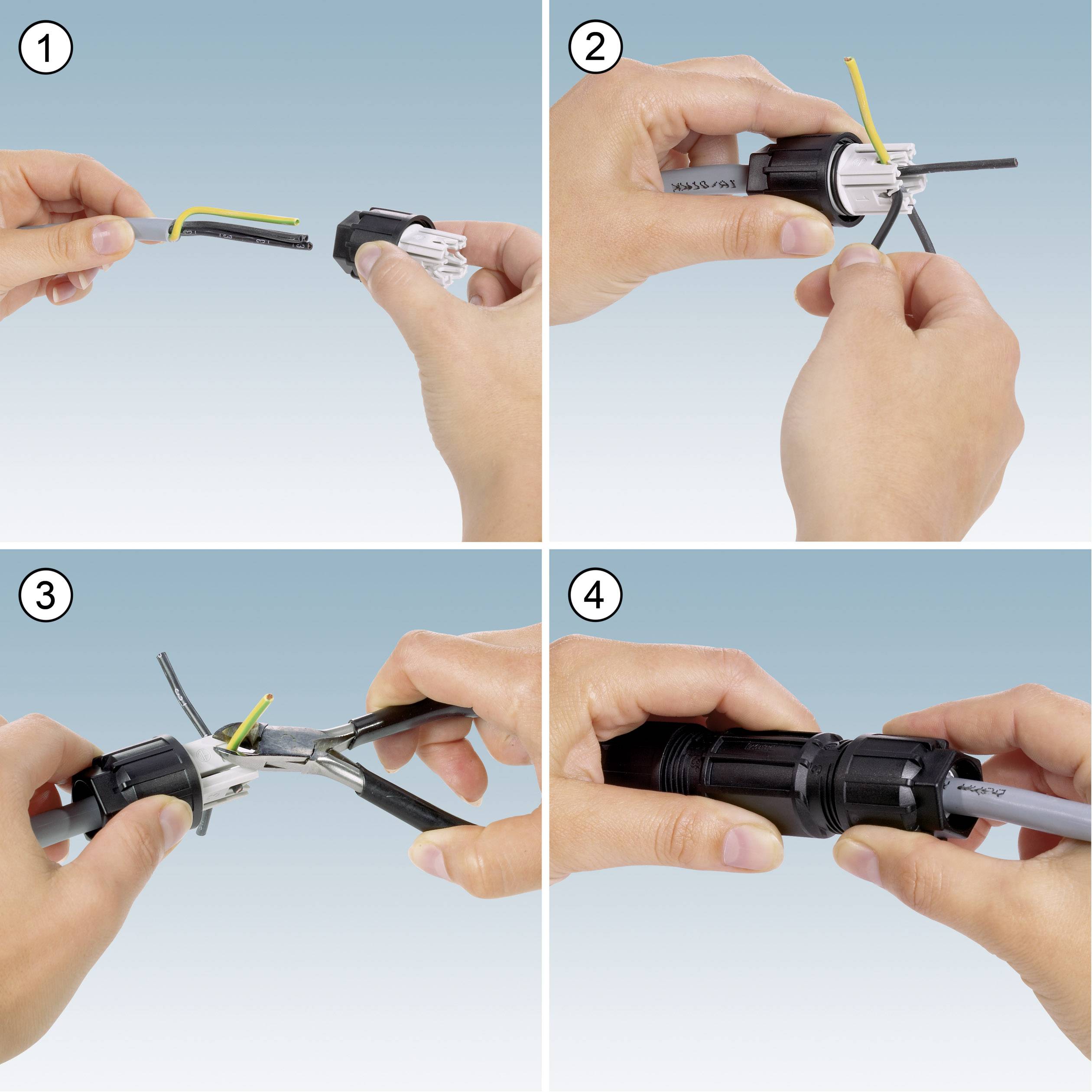 Mode d'emploi pour l'installation de connecteurs de câbles : 1. Dénuder le câble, 2. Ouvrir le connecteur, 3. Insérer le câble, 4. Fermer le connecteur.