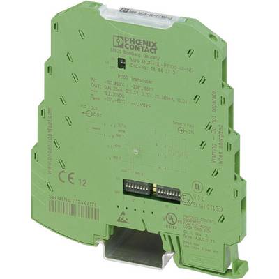 Appareil électronique vert de Phoenix Contact, modèle MINI MCR-SL-PT-100, avec des connexions et un numéro de série en haut et en bas.