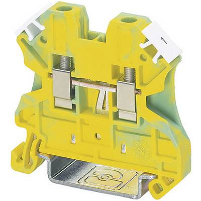 Bloc de bornes de terre jaune-vert avec connexions métalliques et vis pour la connexion électrique dans les tableaux de distribution.