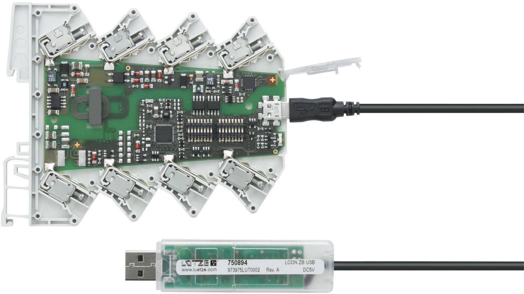 Circuit électronique avec câble de connexion USB ; montre la carte de circuit imprimé et les circuits avec plusieurs points de connexion.