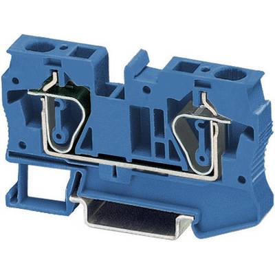 Une borne de raccordement électrique bleue en plastique avec des connexions métalliques. Elle sert à connecter des lignes électriques dans les armoires électriques.