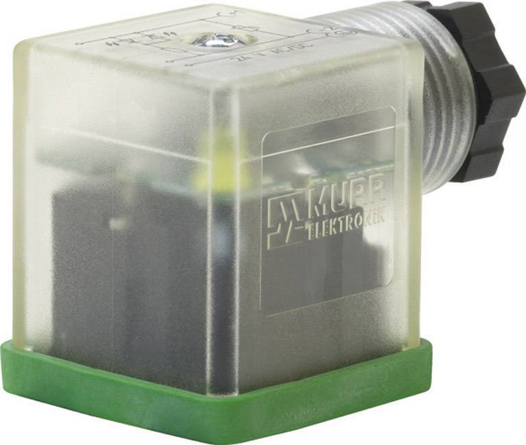 Un composant électrique carré transparent avec un socle vert et une connexion enfichable. Marquage 'Murrelektronik'.