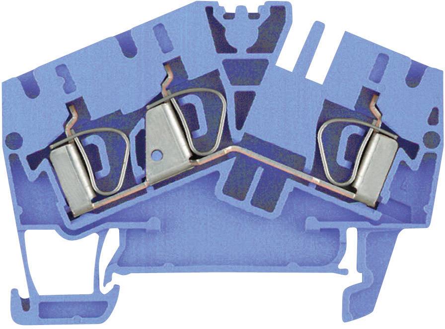 Un bloc de jonction électrique bleu en plastique, montrant des bornes métalliques et des connexions internes pour la fixation des fils.