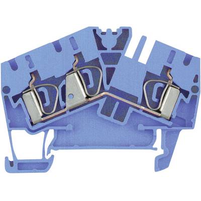 Un bloc de jonction électrique bleu en plastique, montrant des bornes métalliques et des connexions internes pour la fixation des fils.