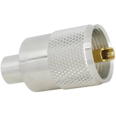 Un adaptateur coaxial argenté à surface striée et un contact intérieur doré.