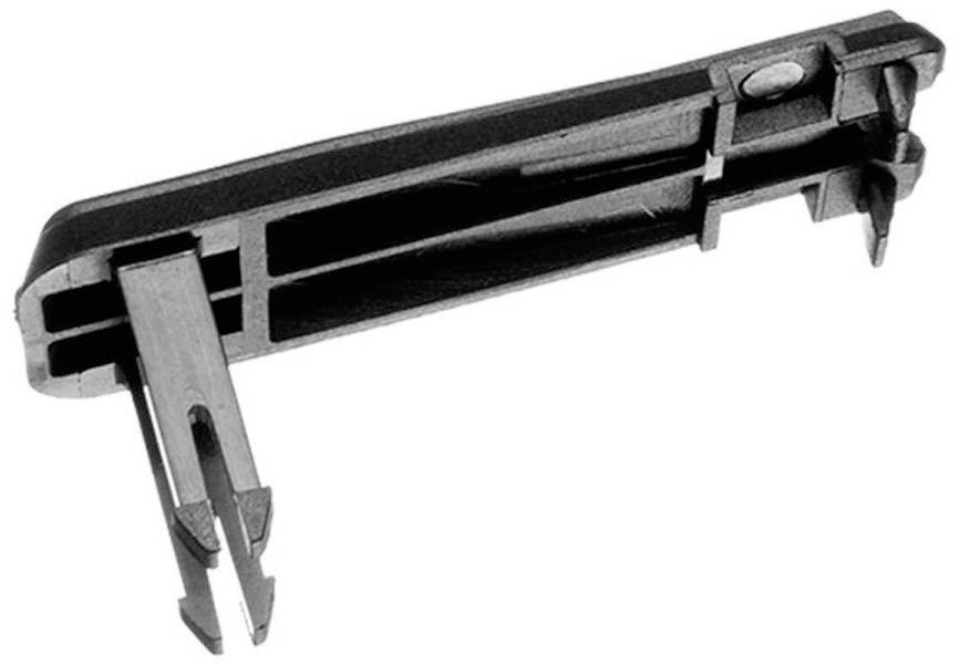 Clip de fixation en plastique noir, équipé de deux dents métalliques, adapté pour le montage ou la fixation sécurisée sur une surface.