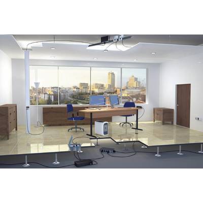 Coupe transversale d'un bureau moderne avec faux-plancher technique. Mobilier et équipements de bureau en surface, câblage et installations techniques en dessous.